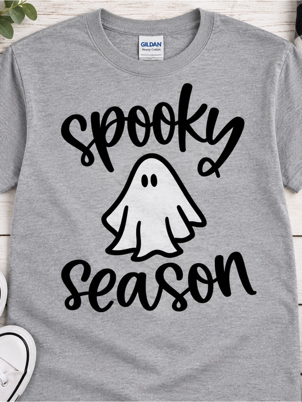 Gildan Gray Halloween Tee with Black & White Ghost Graphic